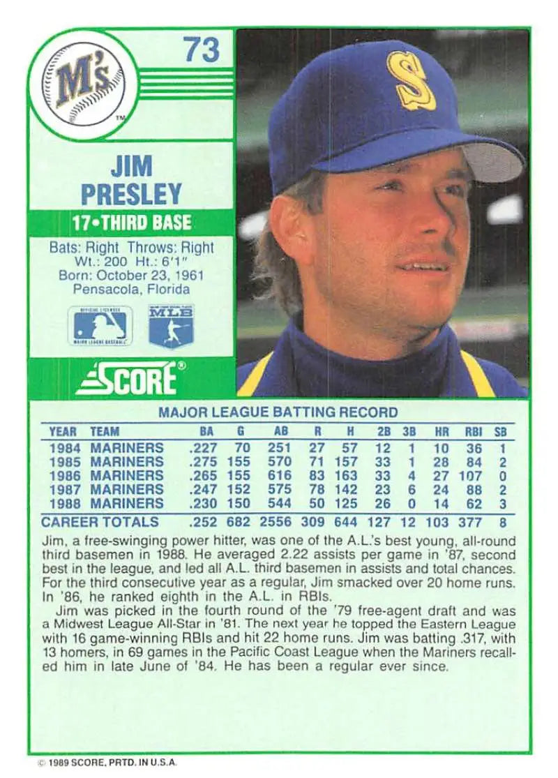 1989 Score #73 Jim Presley NM-MT Mariners ID:80273 - Baseball Card Single