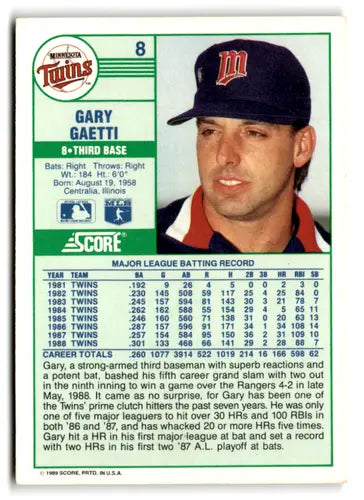 1989 Score #8 Gary Gaetti EX/NM Twins ID:66805 - Baseball Card Single