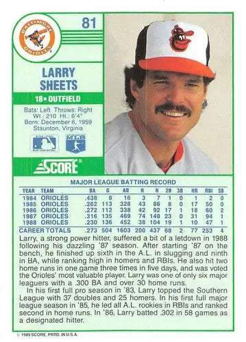 1989 Score #81 Larry Sheets NM-MT Orioles ID:80287 - Baseball Card Single