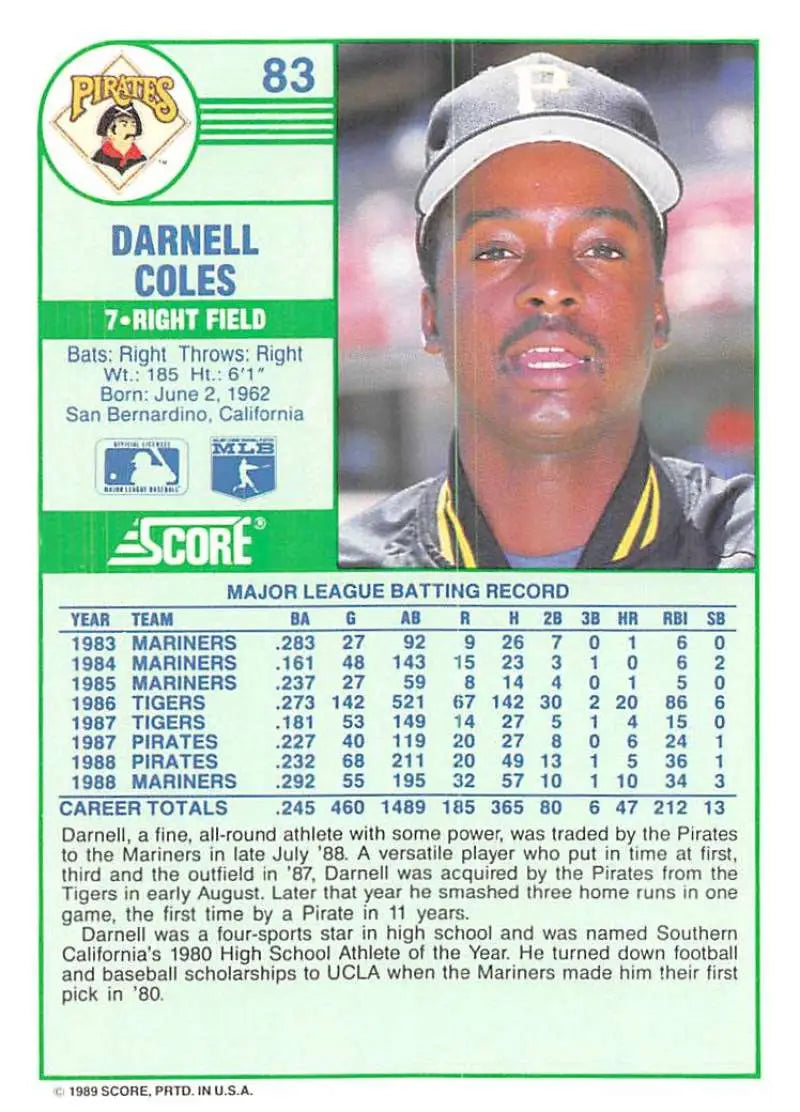 1989 Score #83 Darnell Coles NM-MT Pittsburgh Pirates Baseball Card - Baseball Card Single