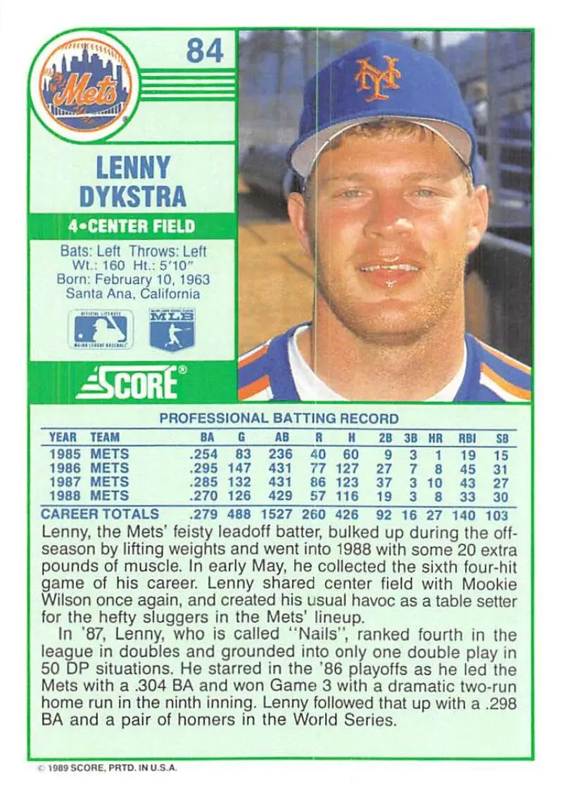 1989 Score #84 Lenny Dykstra NM-MT New York Mets Baseball Card - Baseball Card Single