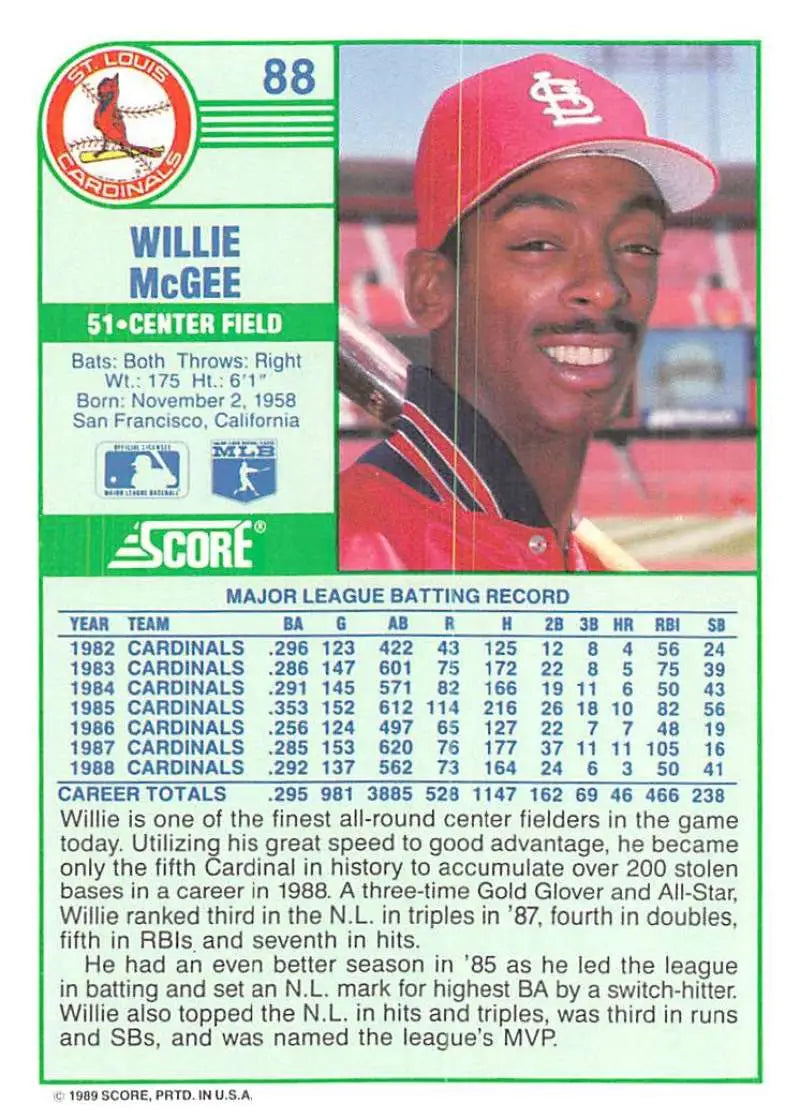1989 Score #88 Willie McGee NM-MT St. Louis Cardinals Baseball Card - Baseball Card Single