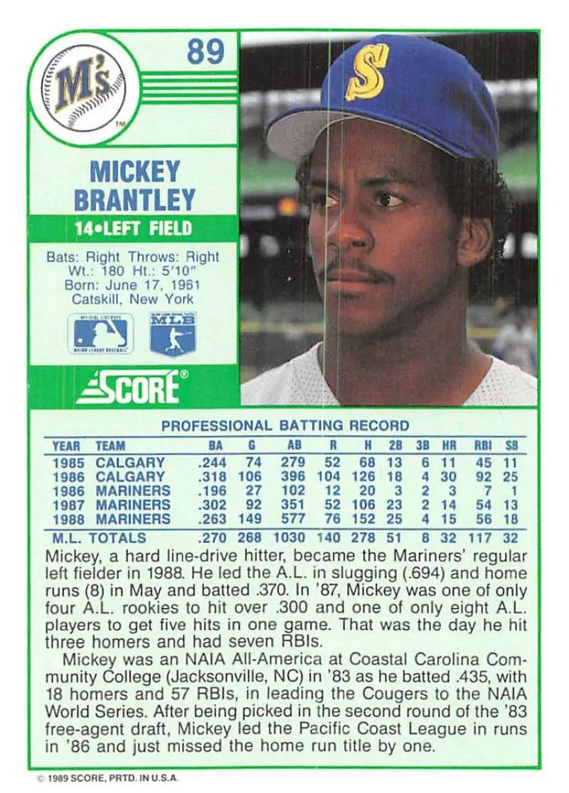 1989 Score #89 Mickey Brantley NM-MT Mariners ID:80237 - Baseball Card Single