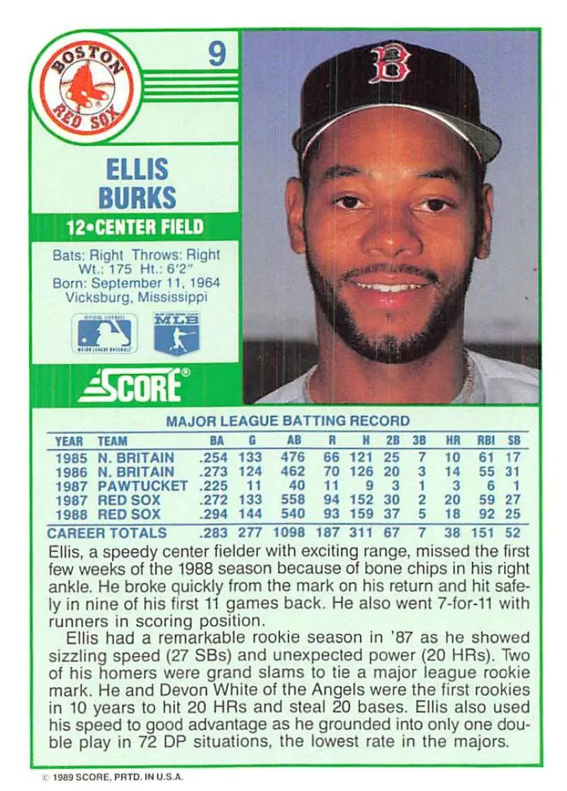 1989 Score #9 Ellis Burks NM-MT Boston Red Sox Baseball Card - Baseball Card Single