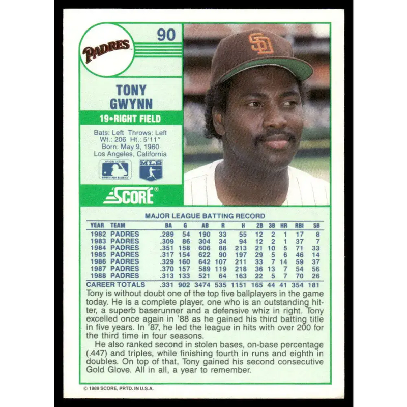 1989 Score #90 Tony Gwynn NM/MT San Diego Padres Baseball Card - Baseball Card Single