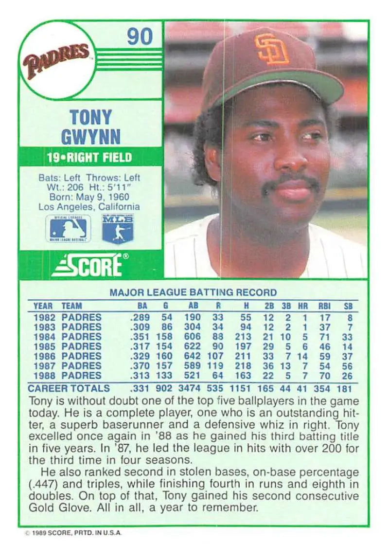 1989 Score #90 Tony Gwynn NM-MT San Diego Padres Baseball Card - Baseball Card Single