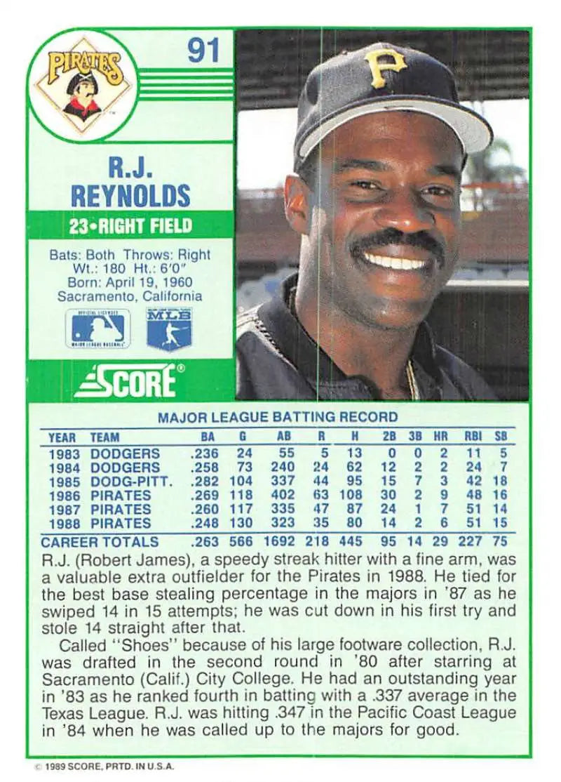1989 Score #91 R.J. Reynolds NM-MT Pittsburgh Pirates Baseball Card - Baseball Card Single