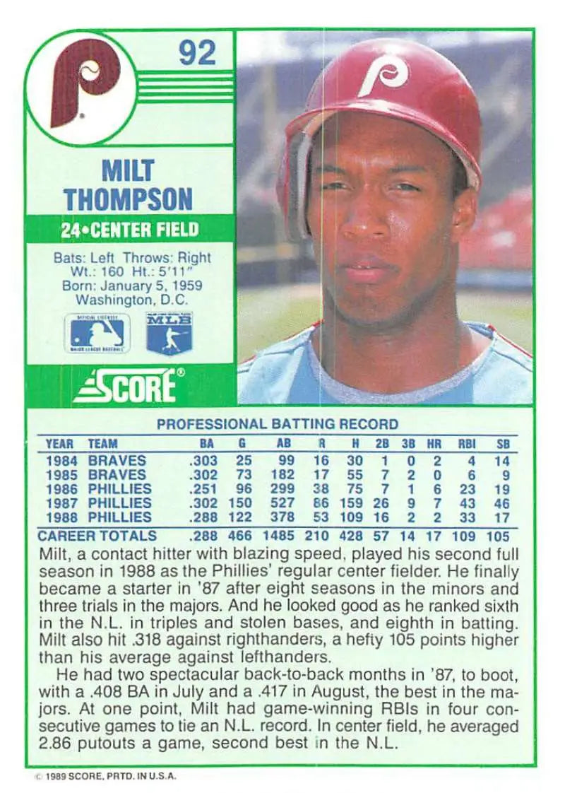 1989 Score #92 Milt Thompson NM-MT Philadelphia Phillies Baseball Card - Baseball Card Single