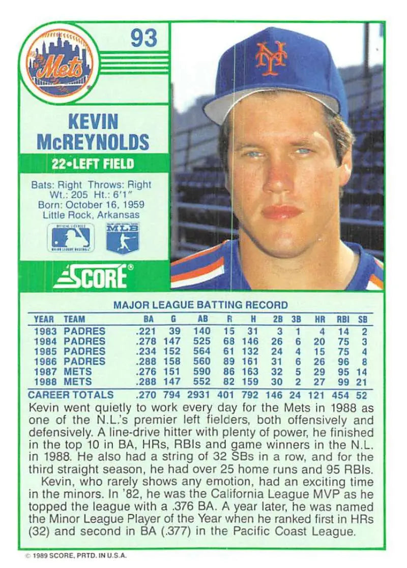 1989 Score #93 Kevin McReynolds NM-MT New York Mets Baseball Card - Baseball Card Single