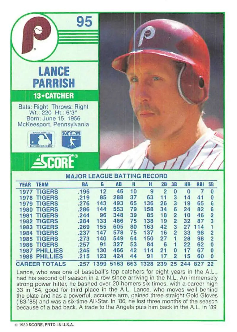 1989 Score #95 Lance Parrish NM-MT Philadelphia Phillies Baseball Card - Baseball Card Single