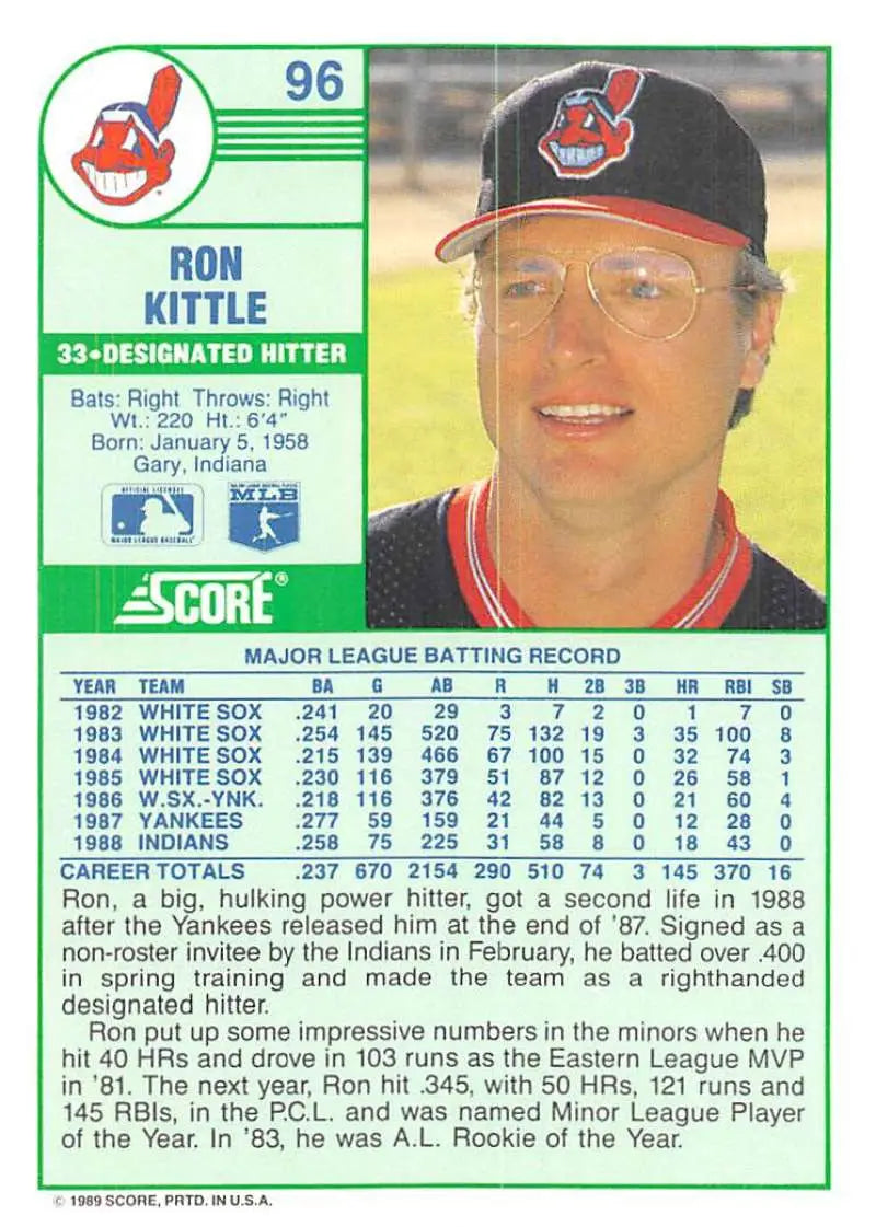 1989 Score #96 Ron Kittle NM-MT Cleveland Indians Baseball Card - Baseball Card Single