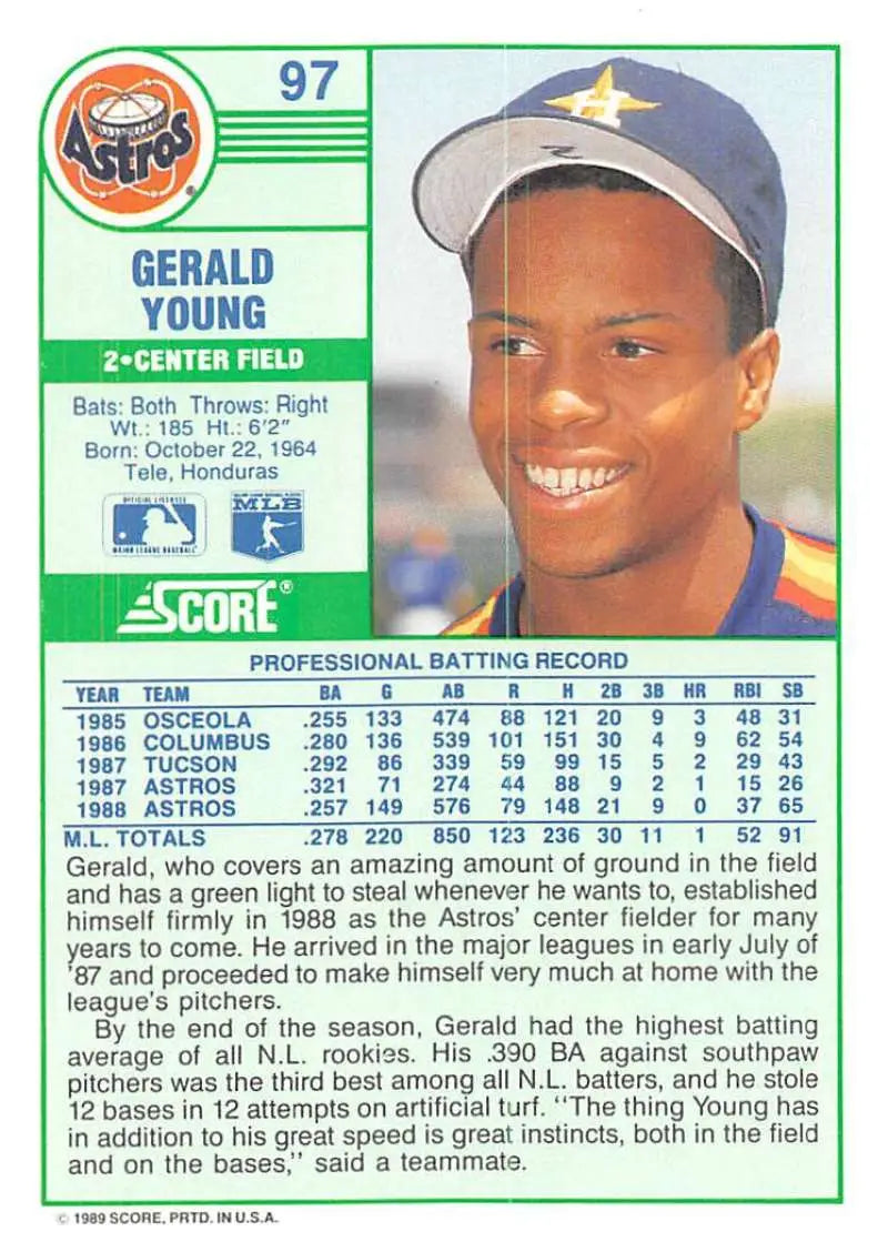 1989 Score #97 Gerald Young NM-MT Houston Astros Baseball Card - Baseball Card Single