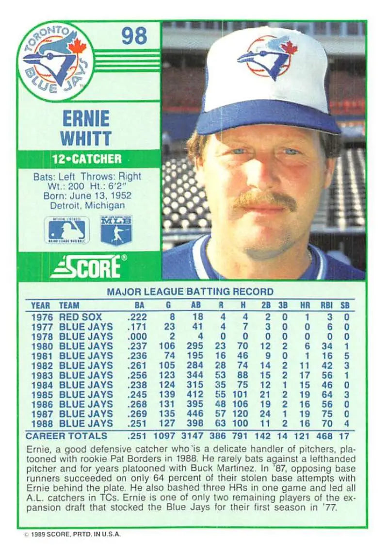 1989 Score #98 Ernie Whitt NM-MT Toronto Blue Jays Baseball Card - Baseball Card Single