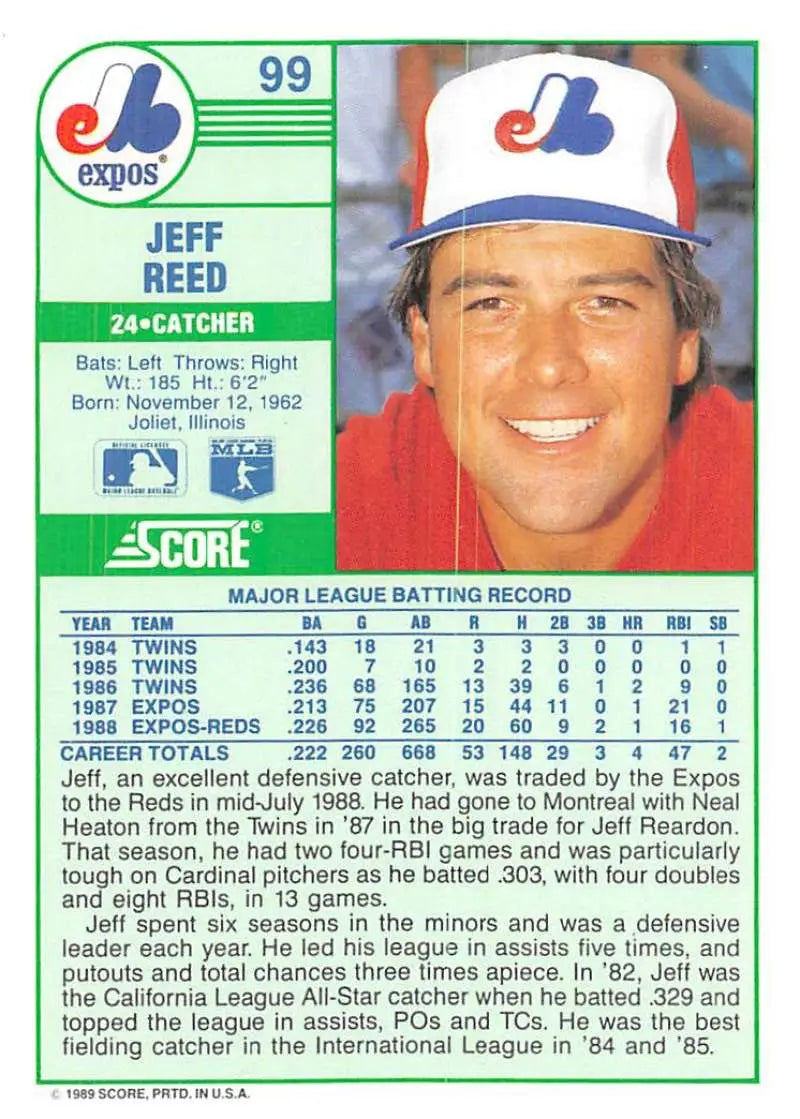 1989 Score #99 Jeff Reed NM-MT Montreal Expos Baseball Card - Baseball Card Single