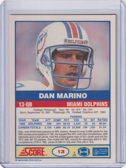 1989 Score Football #13 Dan Marino card featuring Miami Dolphins legend