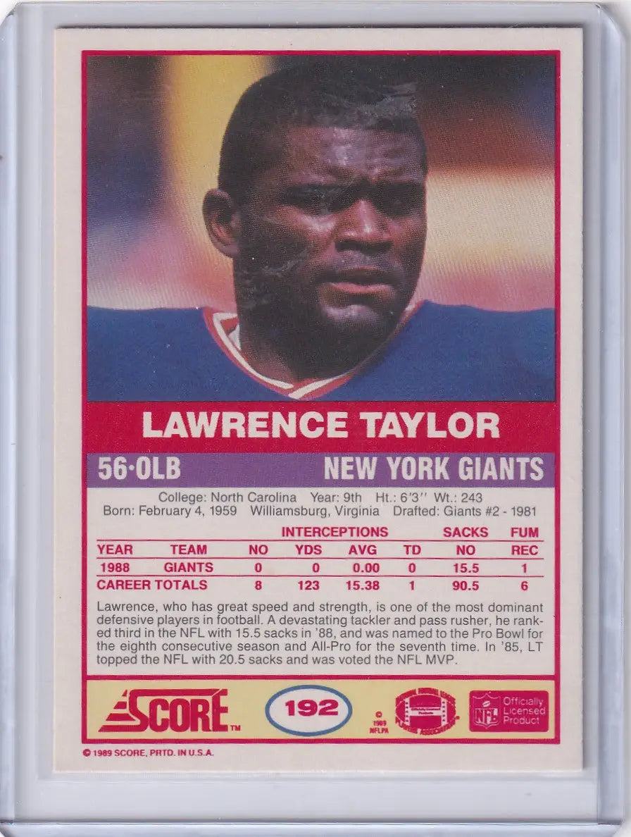 Lawrence Taylor 1989 Score Football card featuring New York Giants legend