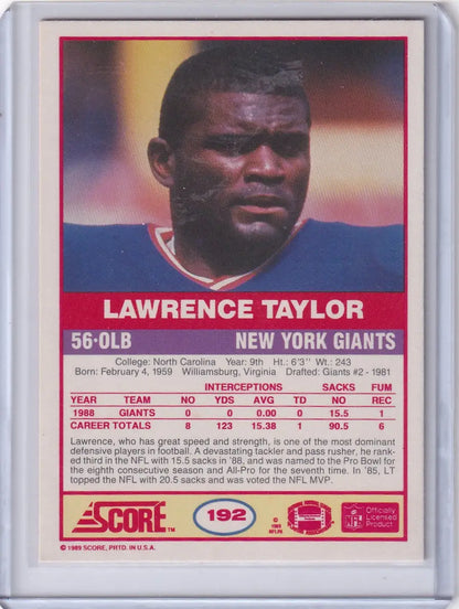 Lawrence Taylor 1989 Score Football card featuring New York Giants legend