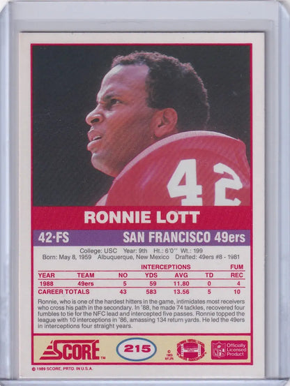 Ronnie Lott football card from 1989 Score Football for San Francisco 49ers fans