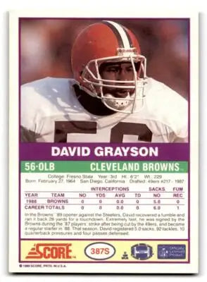 Vintage 1989 Score Supplemental #387S David Grayson Cleveland Browns trading card