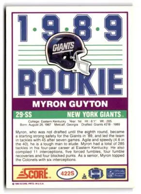 1989 Score Supplemental Myron Guyton rookie football card 422S New York Giants