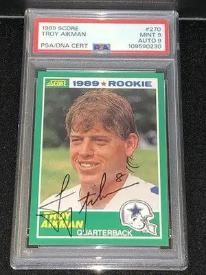 1989 Score Troy Aikman Autographed RC PSA 9 DNA AUTO 9 Early Rookie Signature - Football Card Single