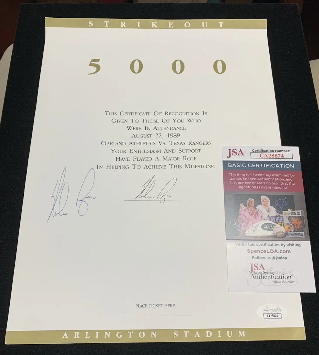 1989 Signed Nolan Ryan 5000 Strikeout Certificate Ticket Texas Rangers JSA Auto - Sports Memorabilia