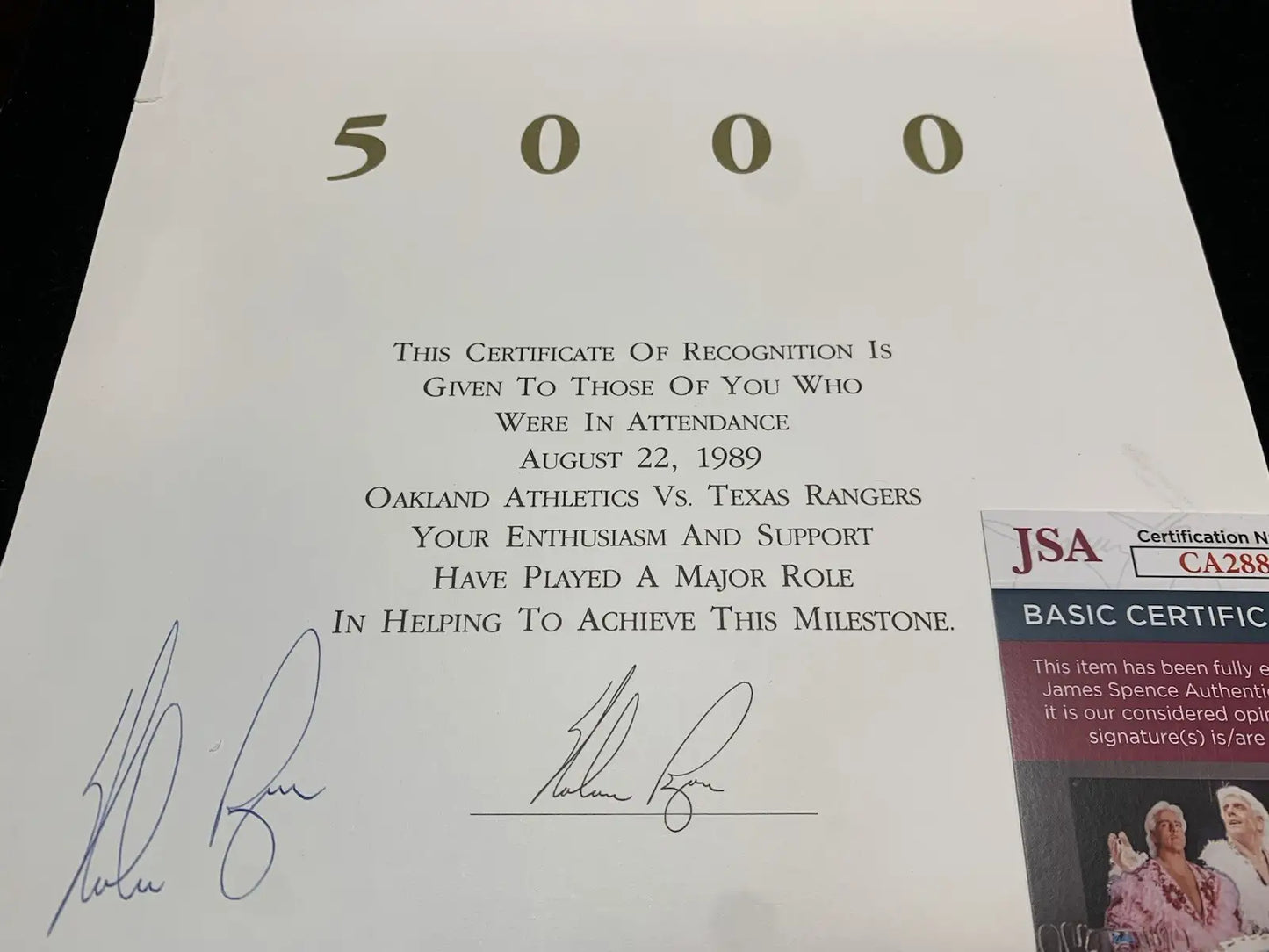 1989 Signed Nolan Ryan 5000 Strikeout Certificate Ticket Texas Rangers JSA Auto - Sports Memorabilia