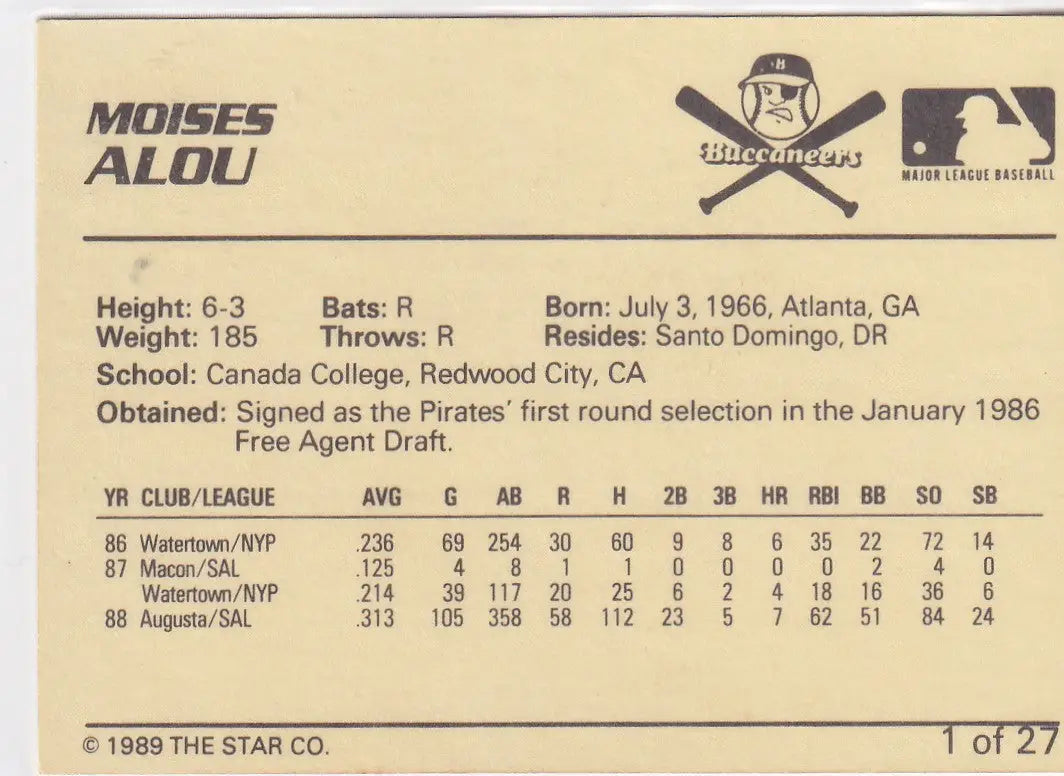 1989 STAR #1 MOISES ALOU- PITTSBURGH PIRATES