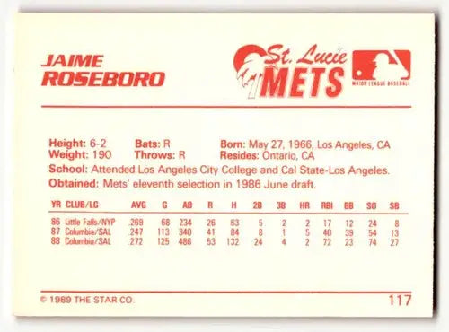 1989 Star Jaime Roseboro Mets baseball card from St. Lucie Mets collection