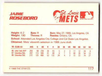 1989 Star Jaime Roseboro Mets baseball card from St. Lucie Mets collection