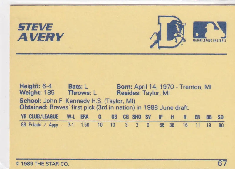 1989 STAR #67 STEVE AVERY BLUE- ATLANTA BRAVES