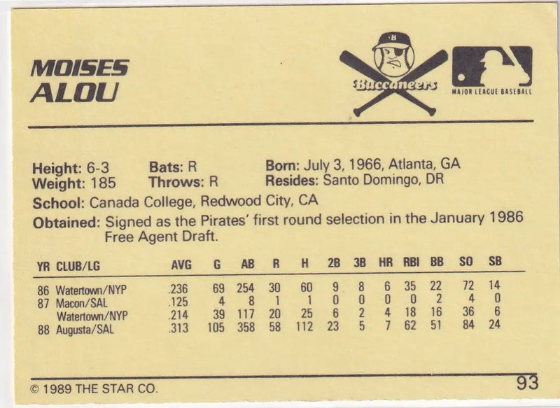 1989 STAR #93 MOISES ALOU- PITTSBURGH PIRATES