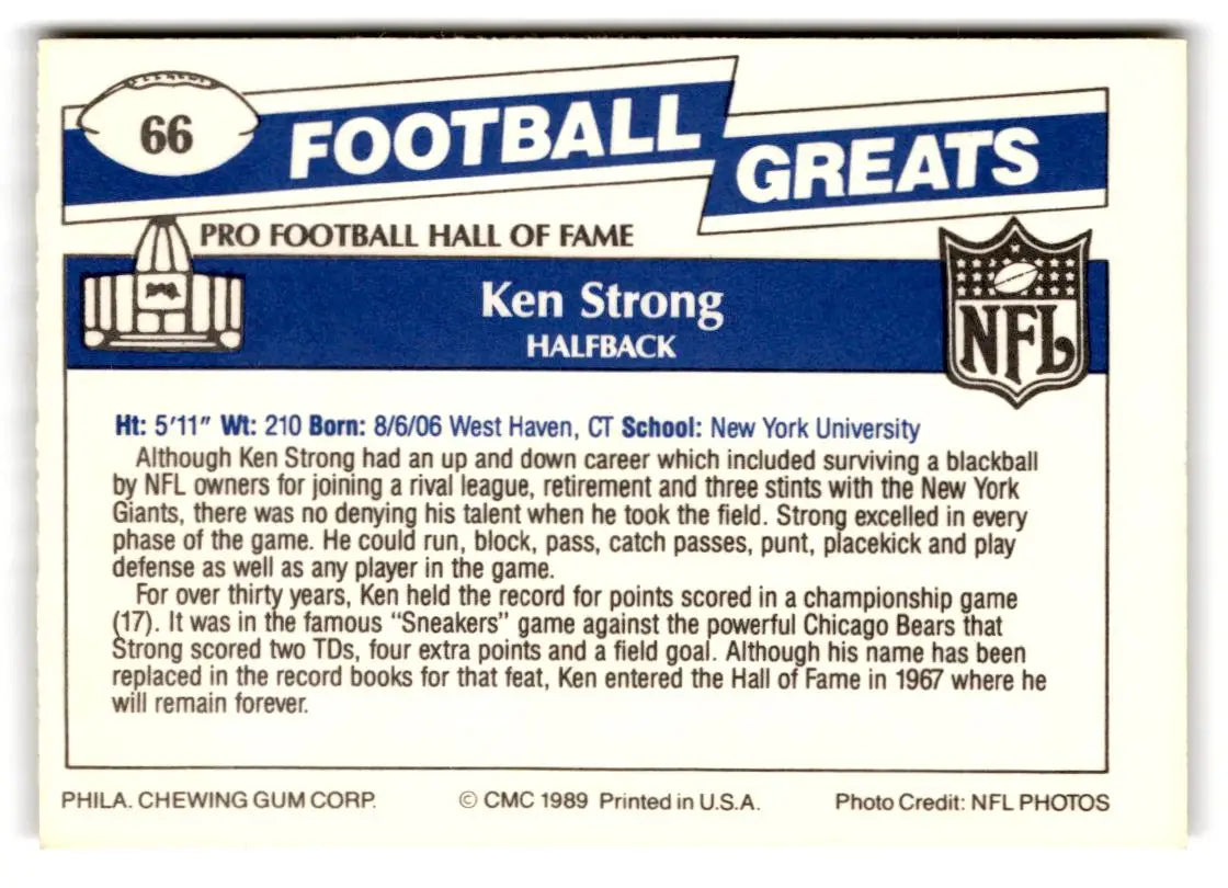 1989 Swell Greats #66 Ken Strong - Football Card Single