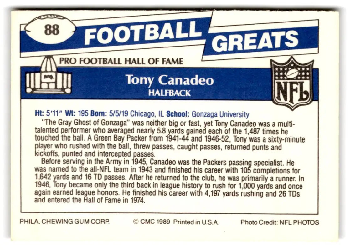 1989 Swell Greats #88 Tony Canadeo - Football Card Single