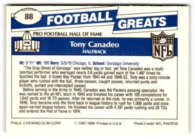 Vintage football trading card of Tony Canadeo from Swell Greats series featuring Green Bay Packers