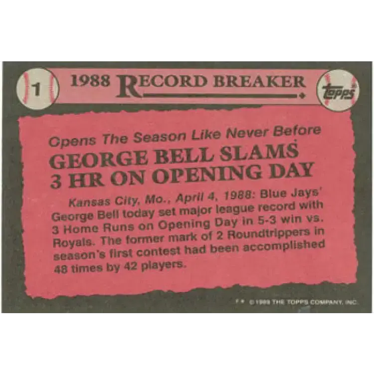 1989 Topps #1 George Bell RB NM-MT Toronto Blue Jays Baseball Card