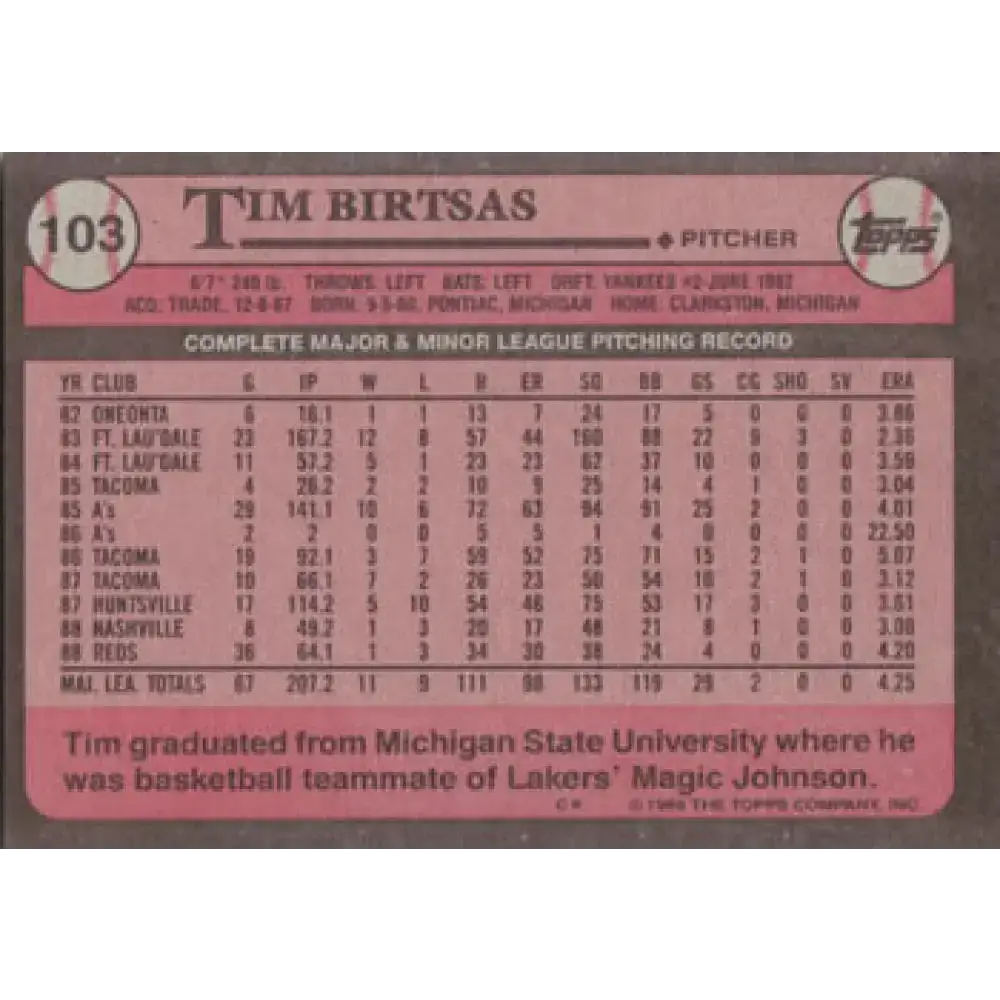 1989 Topps #103 Tim Birtsas NM-MT Cincinnati Reds Baseball Card - Baseball Card Single