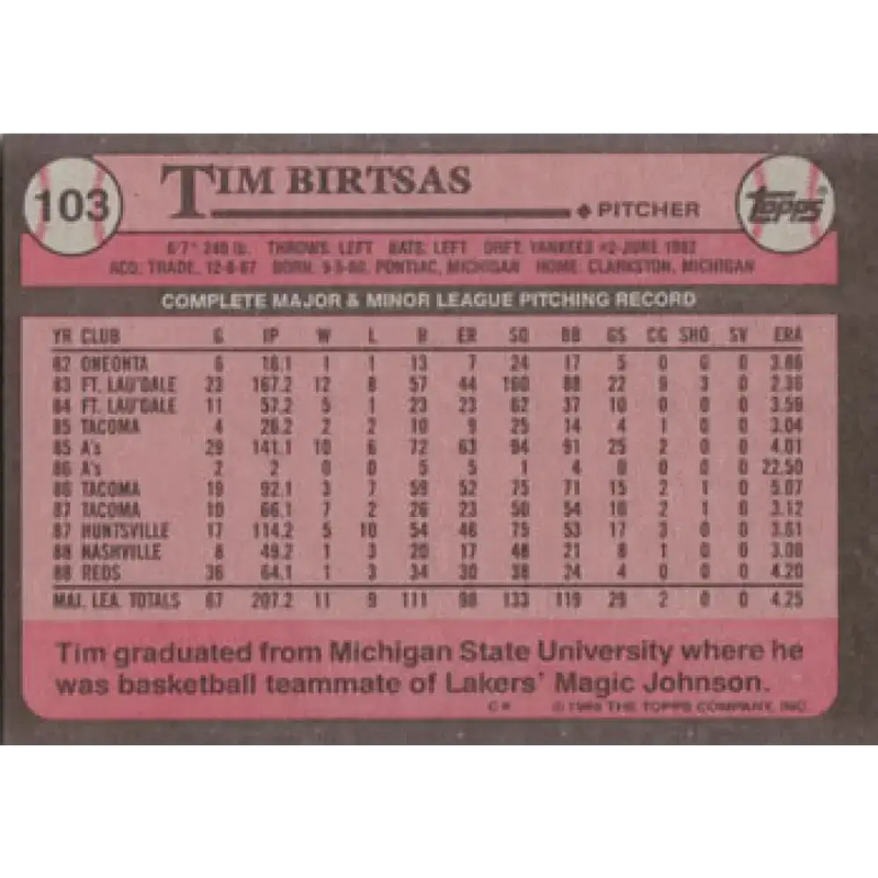 1989 Topps #103 Tim Birtsas NM-MT Cincinnati Reds Baseball Card - Baseball Card Single