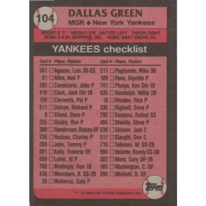 1989 Topps #104 Dallas Green MG NM-MT New York Yankees Baseball Card