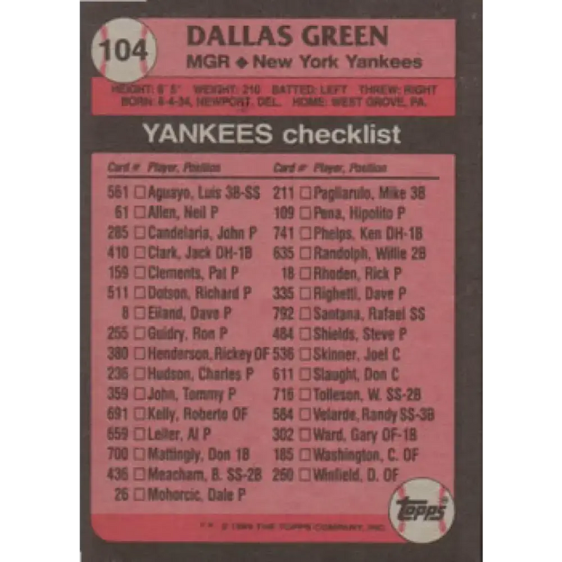 1989 Topps #104 Dallas Green MG NM-MT New York Yankees Baseball Card - Baseball Card Single