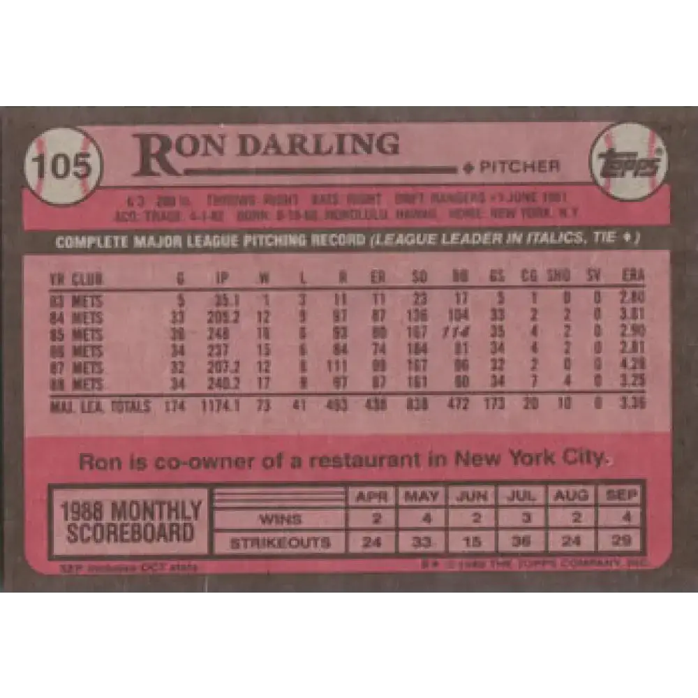 1989 Topps #105 Ron Darling NM-MT New York Mets Baseball Card - Baseball Card Single