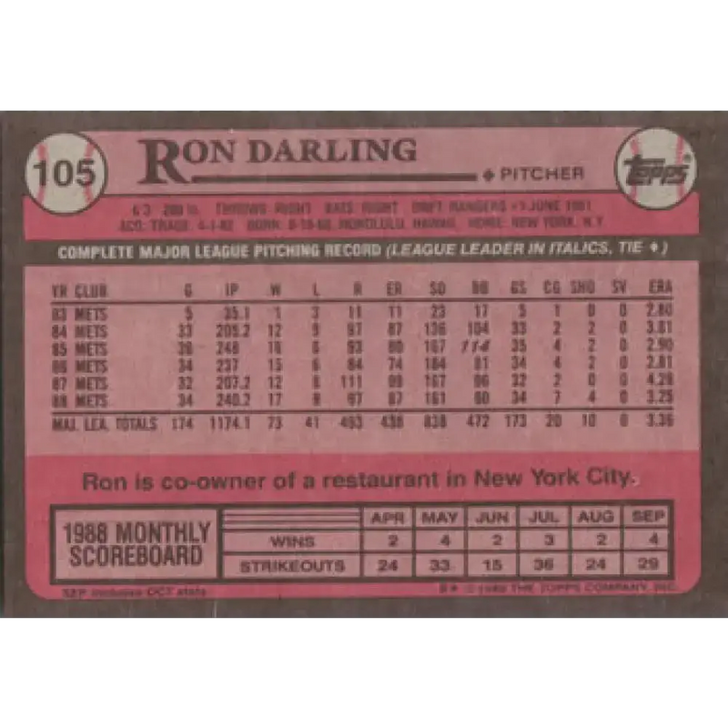 1989 Topps #105 Ron Darling NM-MT New York Mets Baseball Card - Baseball Card Single