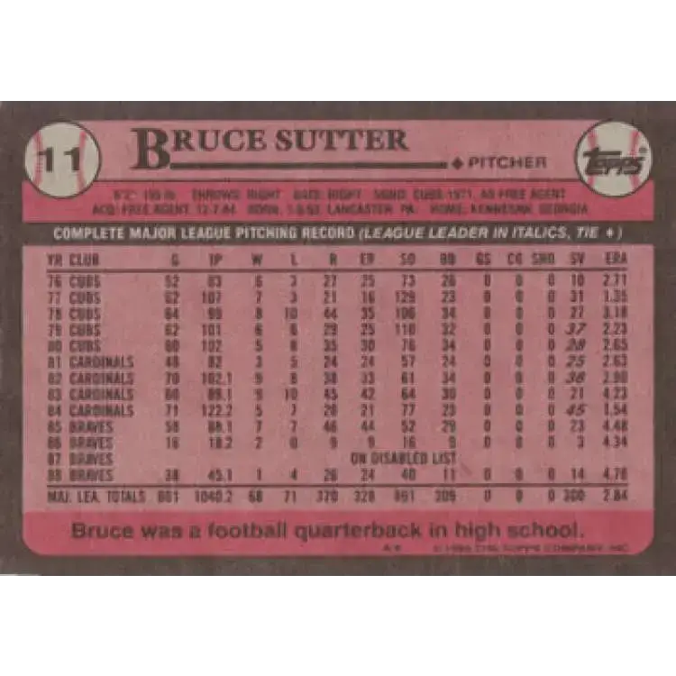 1989 Topps #11 Bruce Sutter NM-MT Atlanta Braves Baseball Card - Baseball Card Single