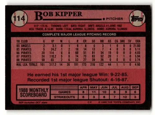 1989 Topps #114 Bob Kipper Pittsburgh Pirates Baseball Cards EX/NM ID:53791 - Baseball Card Single