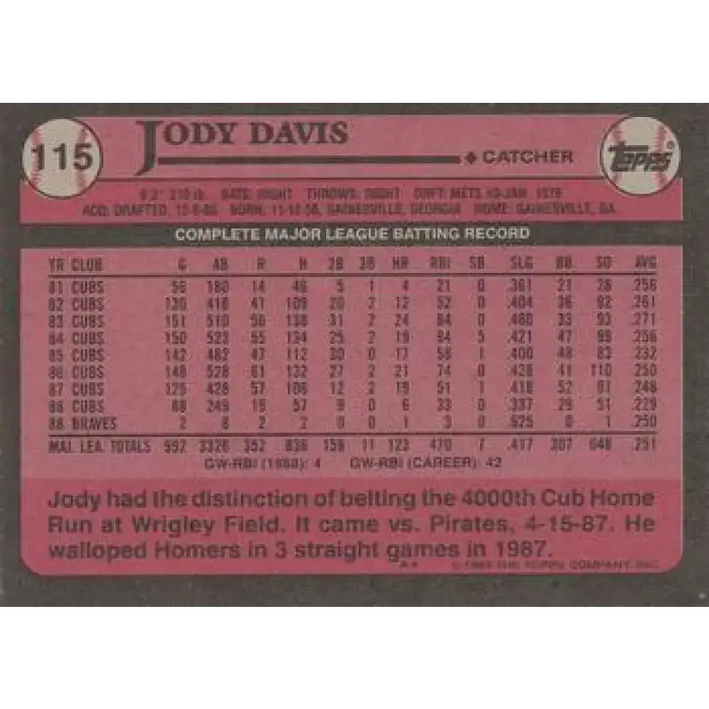 1989 Topps #115 Jody Davis NM-MT Chicago Cubs Baseball Card - Baseball Card Single