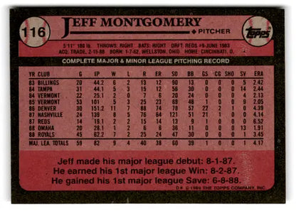 Vintage 1989 Topps Jeff Montgomery baseball card with original gloss mint Royals ID 72540