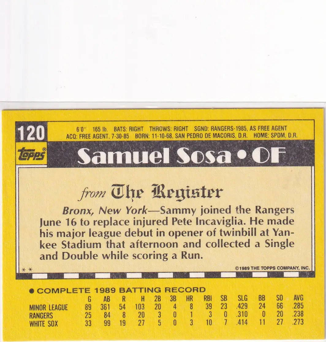 1989 TOPPS #120 SAMMY SOSA- TEXAS RANGERS - Baseball Card Single