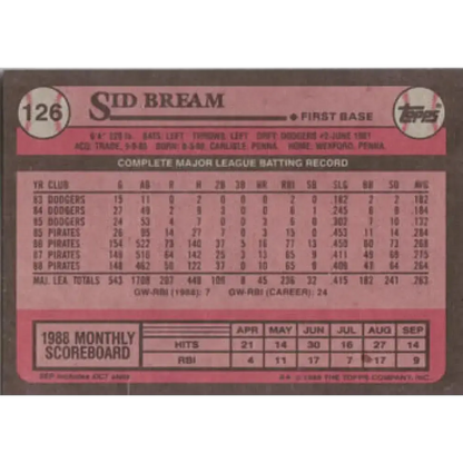 1989 Topps #126 Sid Bream NM-MT Pittsburgh Pirates Baseball Card