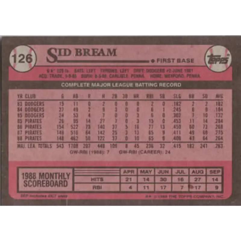 1989 Topps #126 Sid Bream NM-MT Pittsburgh Pirates Baseball Card - Baseball Card Single