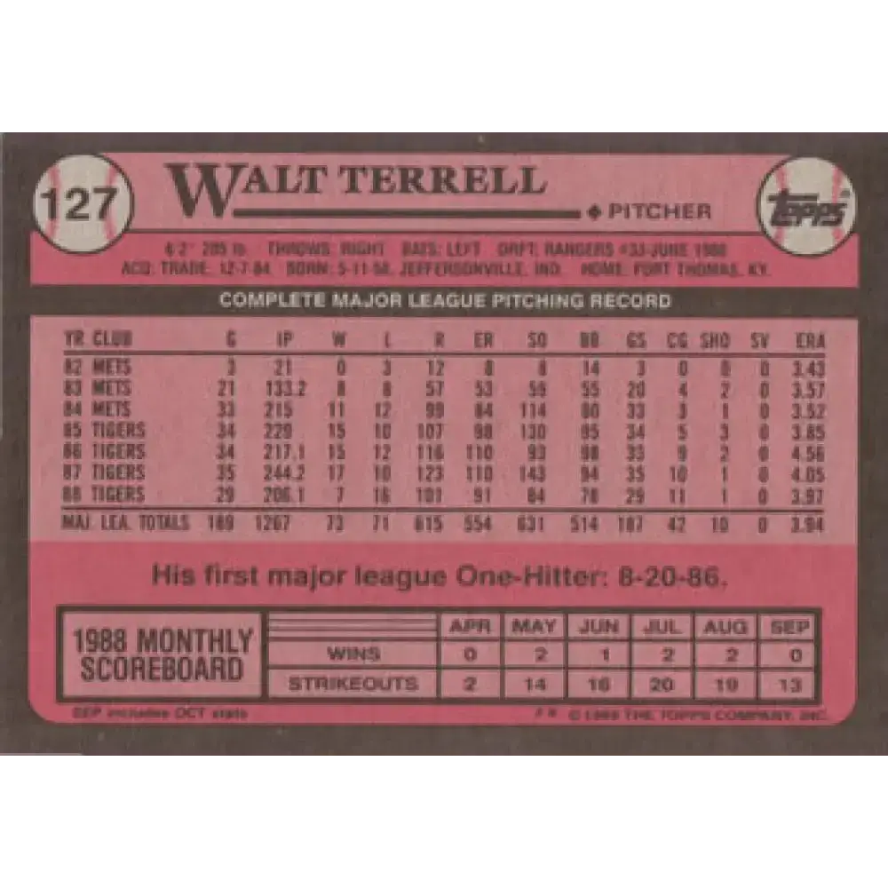 1989 Topps #127 Walt Terrell NM-MT Detroit Tigers Baseball Card - Baseball Card Single